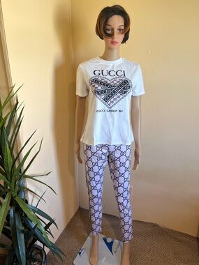 Gucci White Graphic Heart Tee with White GG Print Leggings